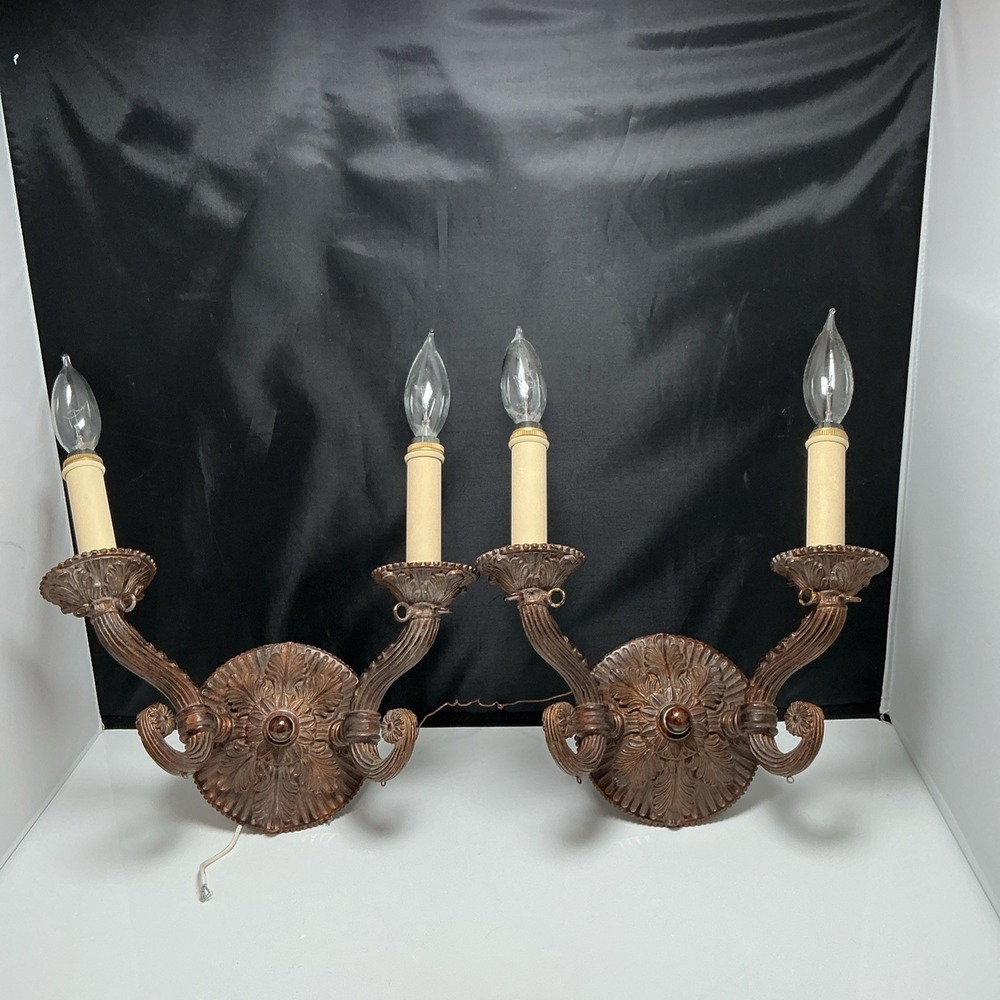 Pair Vintage Pasquale Miranda Feiss 2-Arm Wall Sconces Brass Neoclassical